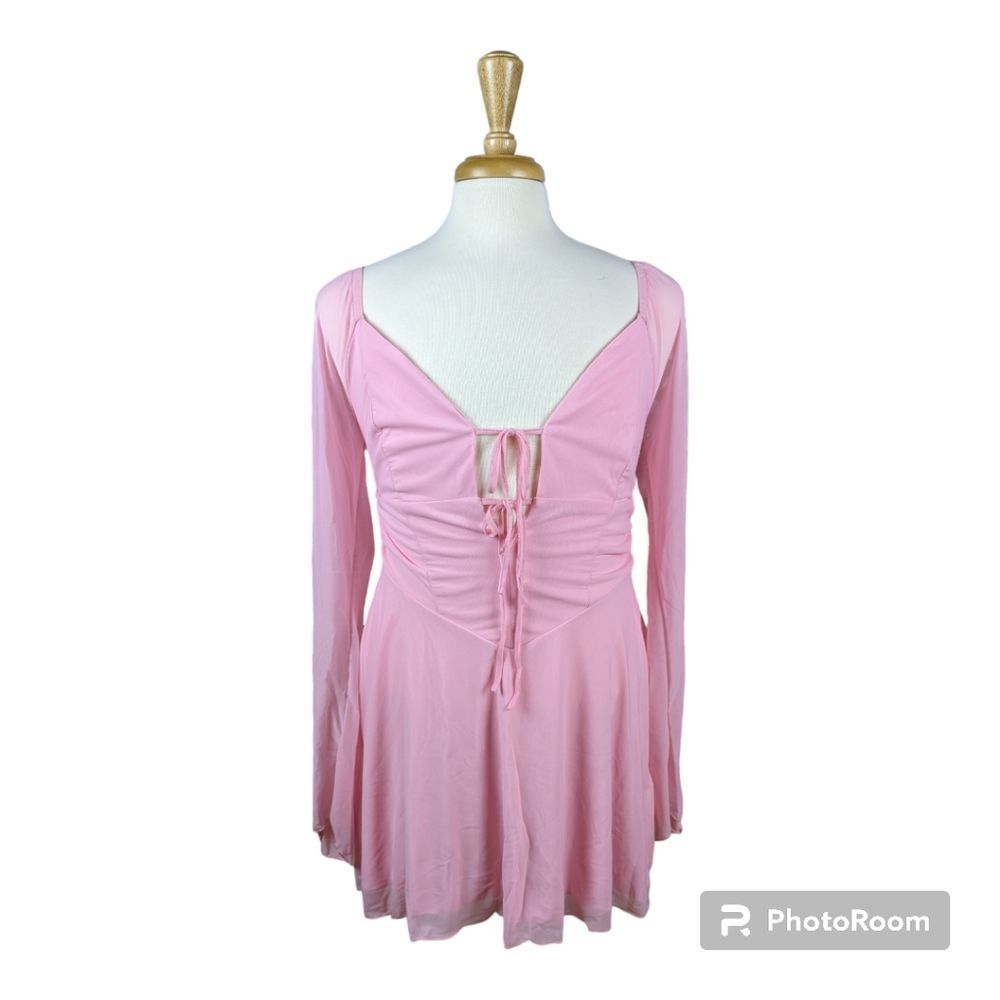 Pink Mini Dress with Tie Front and Bell Sleeve in Size XL